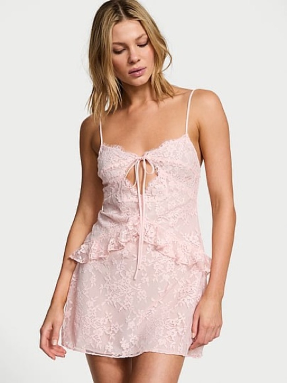 VICTORIA’S SECRET Purest Pink Lace Slip Dress Baby Tie-Front Chemise Sexy 90’s L
